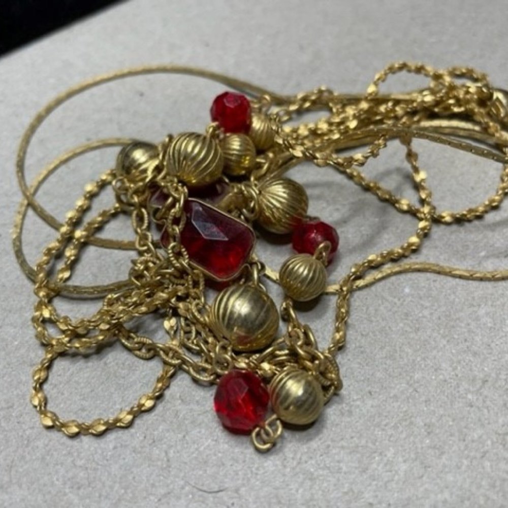Multi Chain Stationary Beads and Red Gems all in a Gold Electroplate